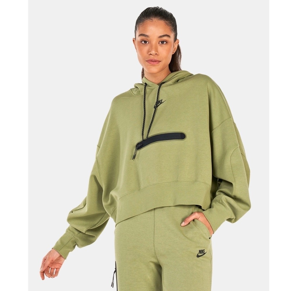 Nike Hoodie Womens Medium Green Tech Fleece Cropped Oversized DR4973-334